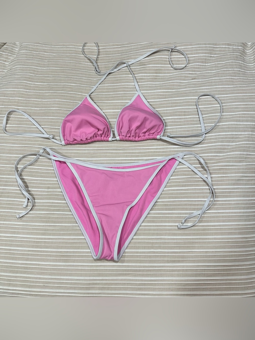 Shade & Shore size Large Pink ribbed triangle string bikini cheeky high leg